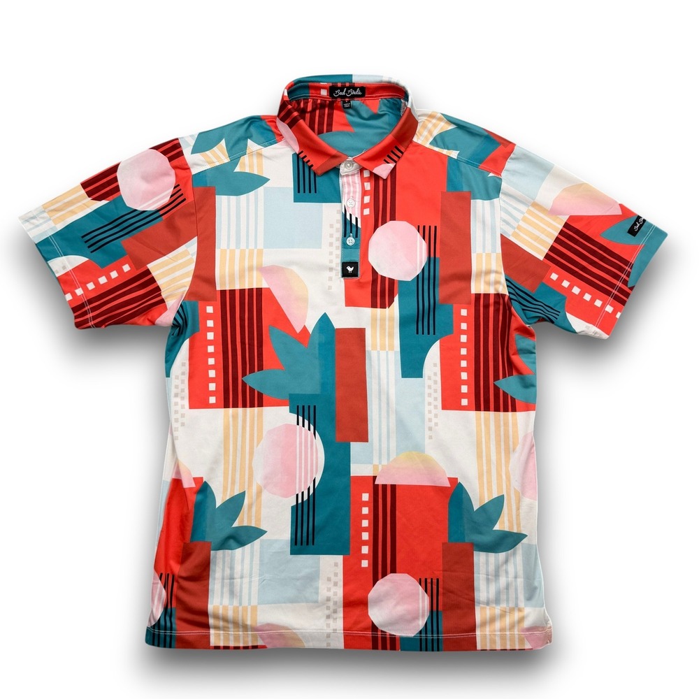 Bad Birdie Polo Shirt Mens L‎ Multicolor Abstract Geometric Print Short Sleeve